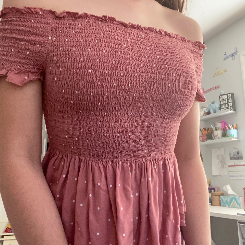 Pink spotted off the shoulder ruched peplum top